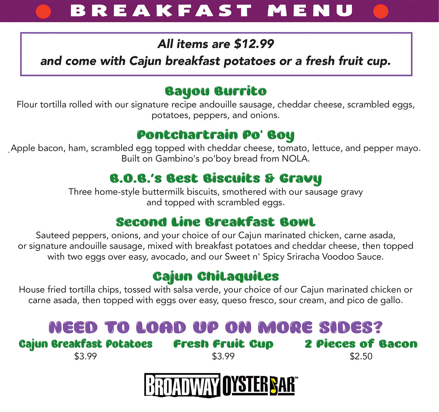 Mardi Gras breakfast menu  at Broadway Oyster Bar